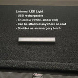 internal LED light on a textured black surface with product details.