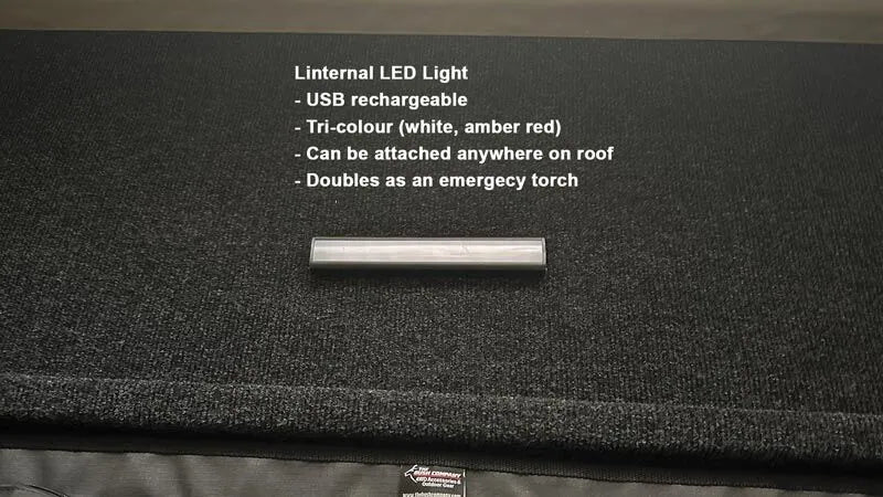 internal LED light on a textured black surface with product details.