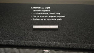 internal LED light on a textured black surface with product details.