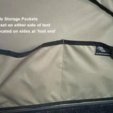 Side storage pocket on a tent with text indicating location