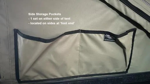 Side storage pocket on a tent with text indicating location