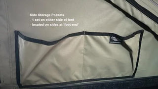 Side storage pocket on a tent with text indicating location