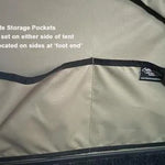 Side storage pocket on a tent with text indicating location