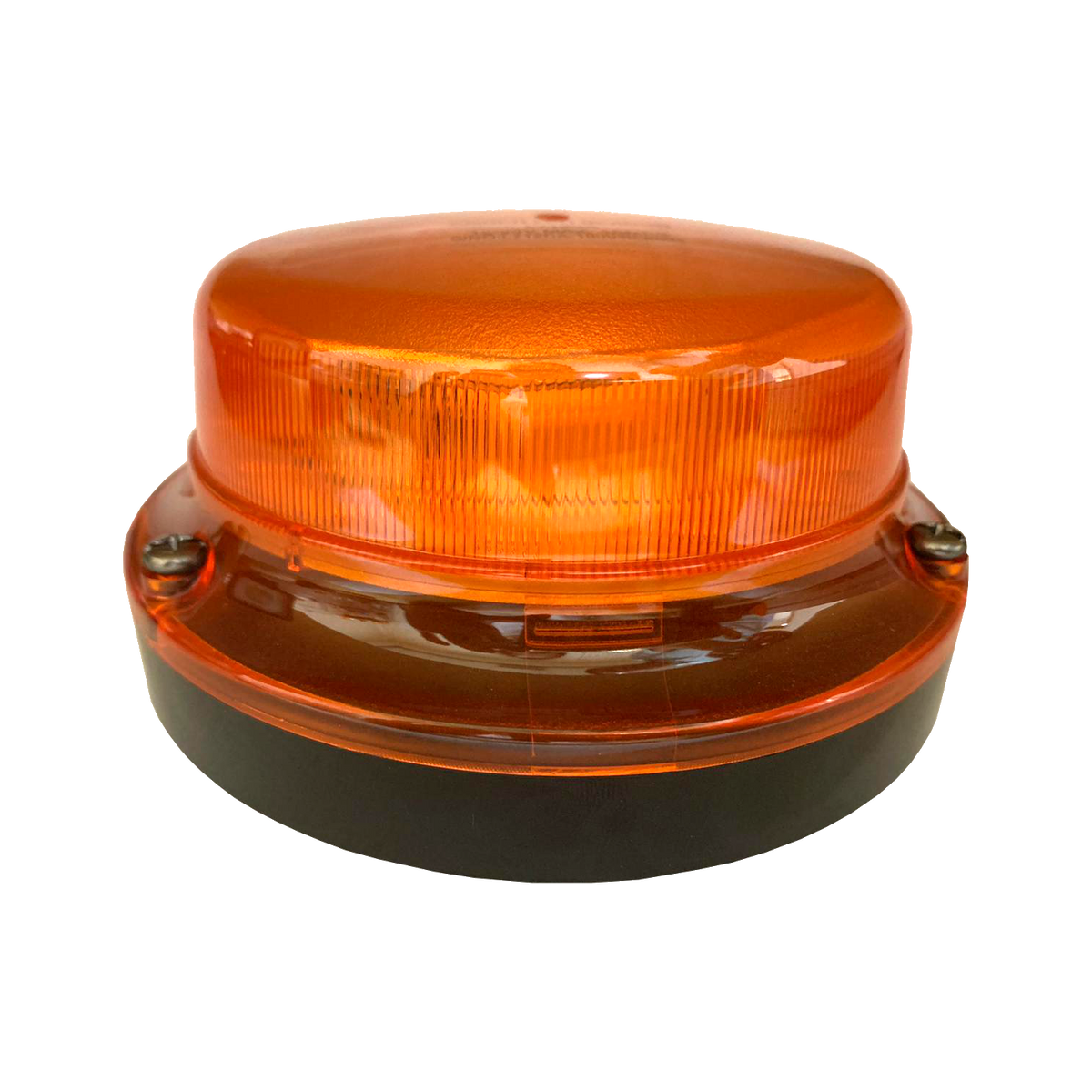 Amber LED beacon seen from the side, the ribbed amber lens dome seated on a low black base with the two stainless screws that hold it down