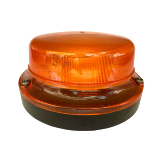 Amber LED beacon seen from the side, the ribbed amber lens dome seated on a low black base with the two stainless screws that hold it down