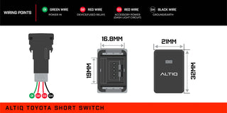 ALTIQ Toyota short switch reference card. Wiring points are 01 green wire power in, 02 red wire device on a fused relay, 03 red wire accessory power on the dash light circuit, and 04 black wire ground or earth. Dimensions are 16.8mm by 19mm at the terminal body and a 21mm by 32mm face carrying the ALTIQ name