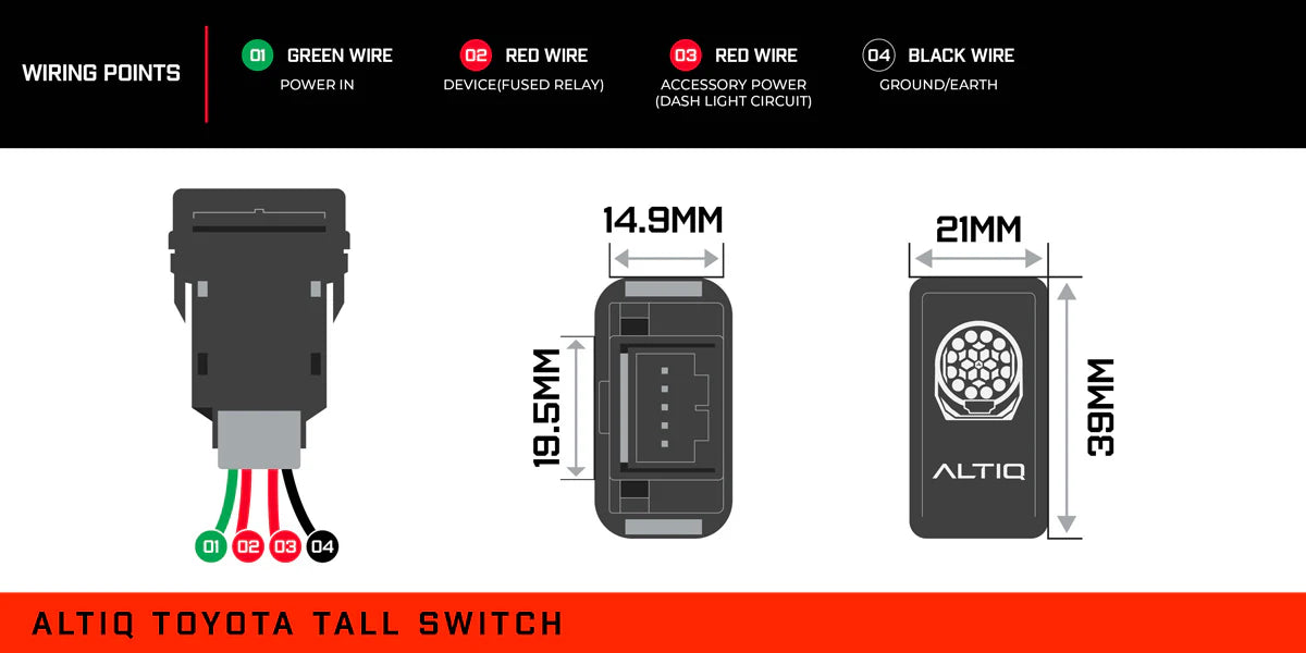 ALTIQ Toyota tall switch reference card. Wiring points are 01 green wire power in, 02 red wire device on a fused relay, 03 red wire accessory power on the dash light circuit, and 04 black wire ground or earth. Dimensions are 14.9mm by 19.5mm at the terminal body and a 21mm by 39mm face carrying the ALTIQ name