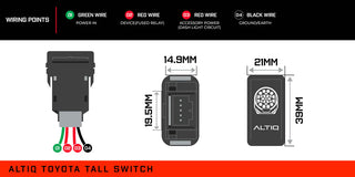 ALTIQ Toyota tall switch reference card. Wiring points are 01 green wire power in, 02 red wire device on a fused relay, 03 red wire accessory power on the dash light circuit, and 04 black wire ground or earth. Dimensions are 14.9mm by 19.5mm at the terminal body and a 21mm by 39mm face carrying the ALTIQ name