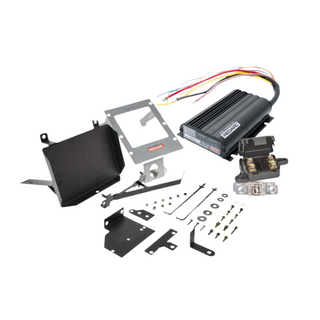 Under bonnet dual battery kit contents for the Holden Colorado and Colorado 7 RG 2.8 turbo diesel, showing the REDARC BCDC1225D charger, stainless bracket, battery tray, fuses and wiring