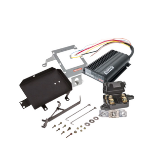 Under bonnet dual battery kit contents for the Isuzu D-MAX 3.0 turbo diesel 4JJ1-TC, showing the REDARC BCDC1225D charger, stainless bracket, battery tray, fuses and wiring