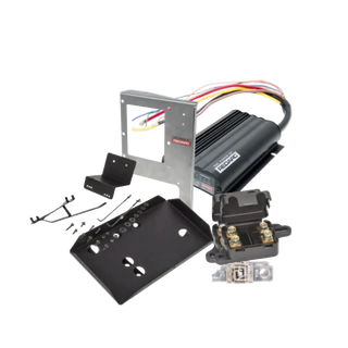 Under bonnet dual battery kit for the Toyota Hilux and Fortuner, showing the REDARC BCDC1225D charger, stainless charger bracket, battery tray, fuses and wiring