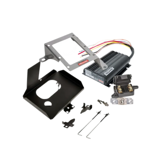 Under bonnet dual battery kit contents for the Mitsubishi Triton MQ-MR 2.4 turbo diesel, showing the REDARC BCDC1225D charger, stainless bracket, battery tray, fuses and wiring