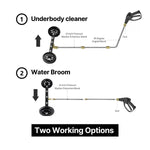 Diagram of pressure washer attachments labeled 'Underbody cleaner' and 'Water broom' on a white background.