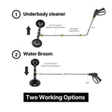 Diagram of pressure washer attachments labeled 'Underbody cleaner' and 'Water broom' on a white background.