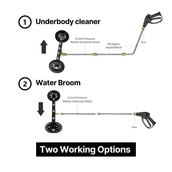 Diagram of pressure washer attachments labeled 'Underbody cleaner' and 'Water broom' on a white background.