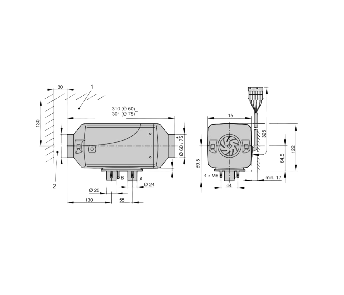 Technical drawing of the Belief 2.2kW Diesel Air Heater Full Installation Kit (12V) – ALT SP MODEL with dimensions on a white background