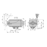 Technical drawing of the Belief 2.2kW Diesel Air Heater Full Installation Kit (12V) – ALT SP MODEL with dimensions on a white background