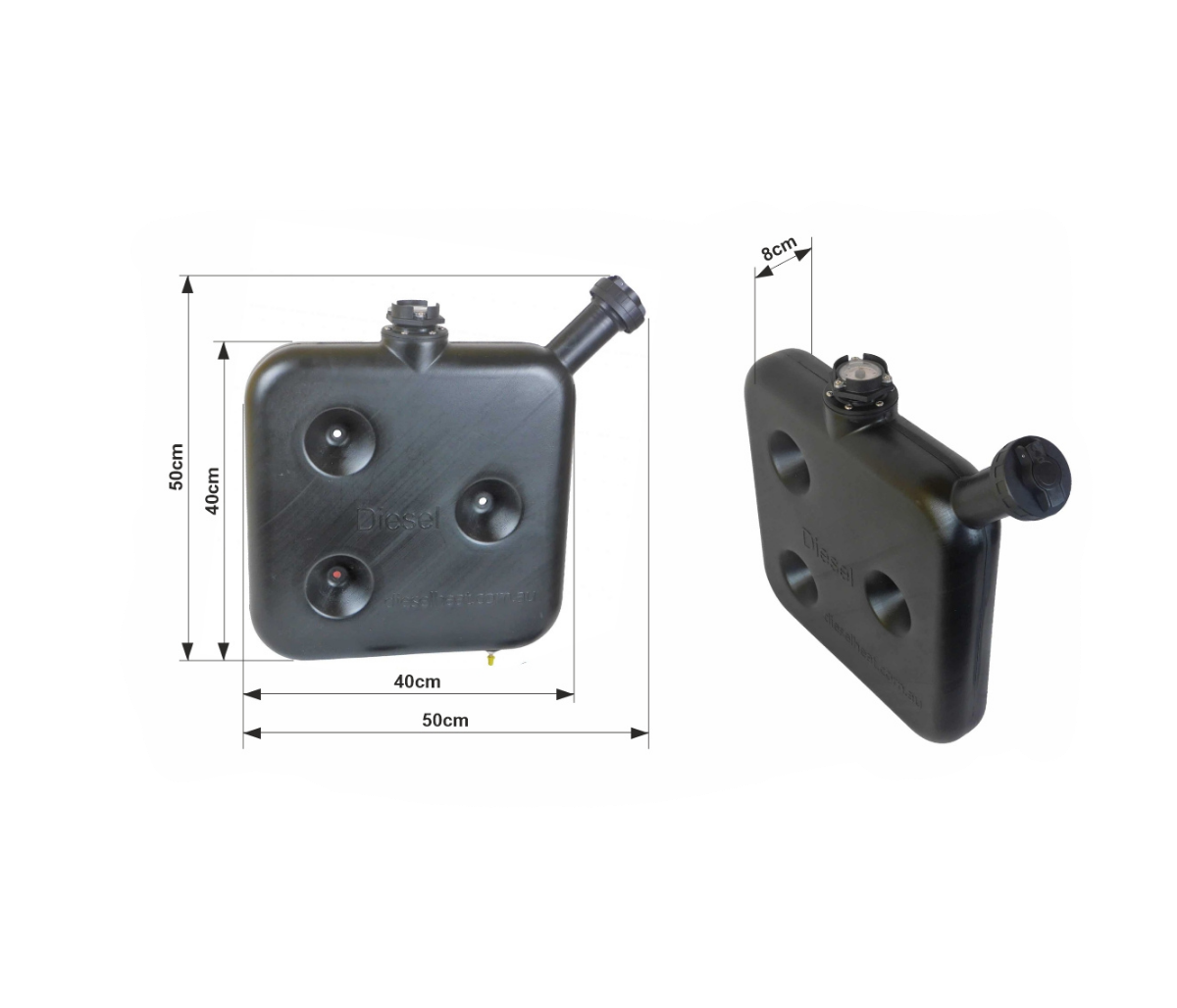 10L Black Wafer Fuel Tank for Diesel with Lockable Cap and Gauge with dimensions indicated on a white background