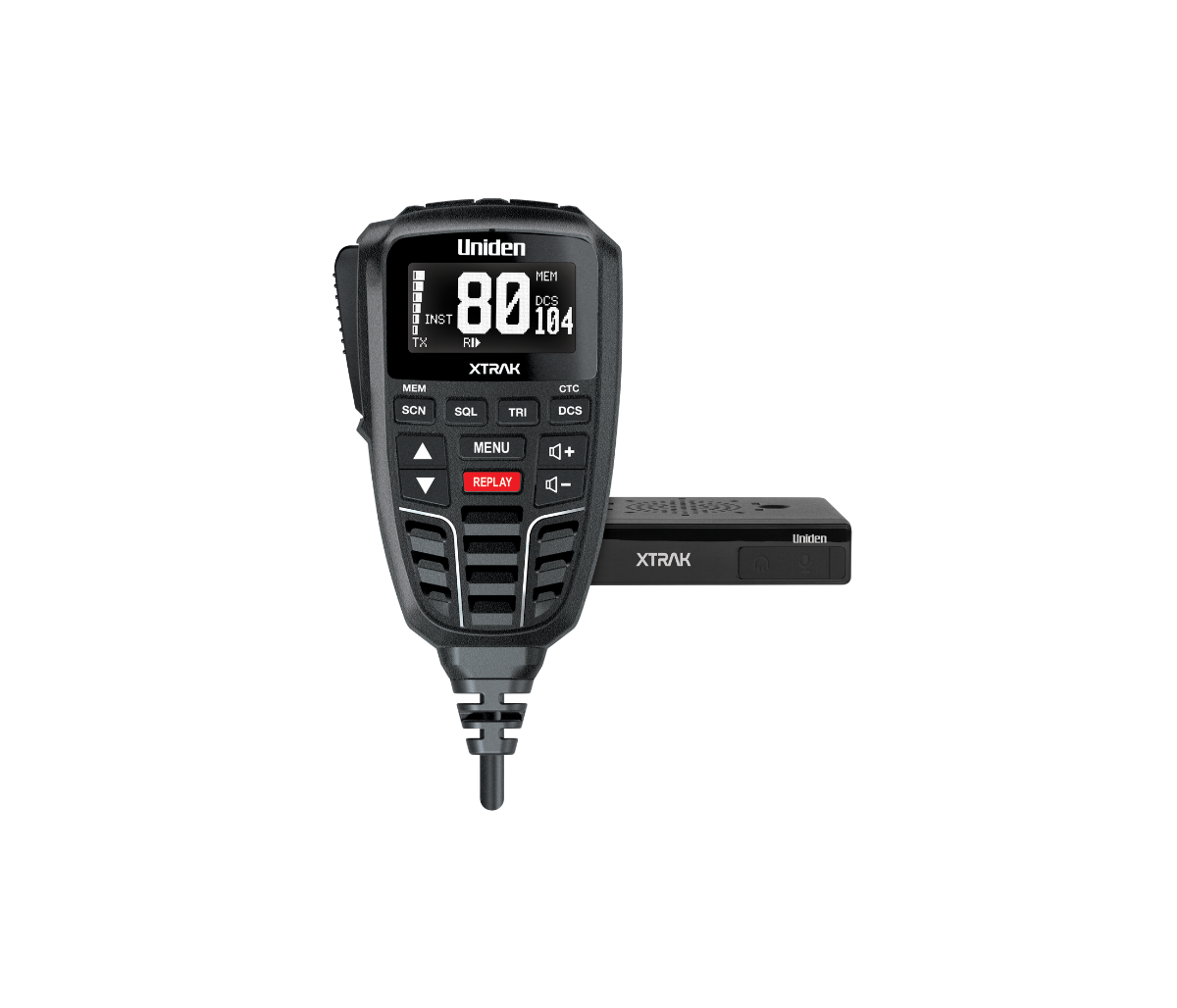 Uniden XTRAK UHF controller and its compact black radio body side by side, the controller screen showing channel 80 with the DCS code 104 and the memory and instant-channel indicators lit