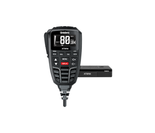 Uniden XTRAK UHF controller and its compact black radio body side by side, the controller screen showing channel 80 with the DCS code 104 and the memory and instant-channel indicators lit