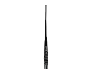 A Uniden UHF antenna whip standing upright against white, black gloss finish with the coiled spring section and threaded base at the bottom and the Uniden name on the shaft