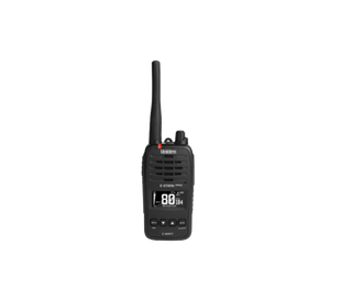 Uniden XTRAK 50 Pro handheld UHF radio standing upright, the flexible antenna above the speaker grille and the screen showing channel 80 with the DCS code 104, 5 WATT marked below the keypad