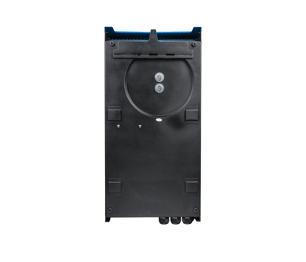 Black rectangular industrial component with circular opening on a white background