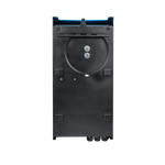 Black rectangular industrial component with circular opening on a white background