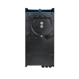 Black rectangular industrial component with circular opening on a white background