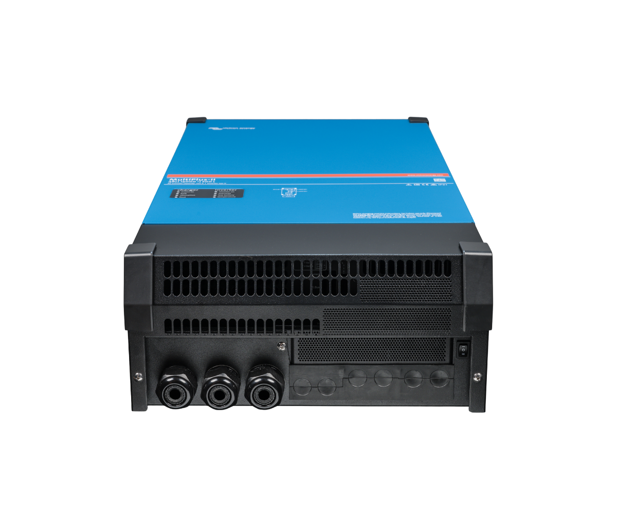 Power inverter with blue top and black bottom on a white background
