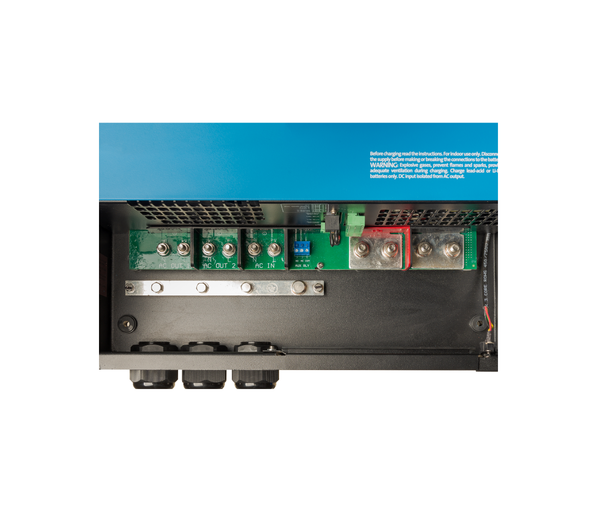 Electrical power inverter with blue top and visible circuitry on a white background