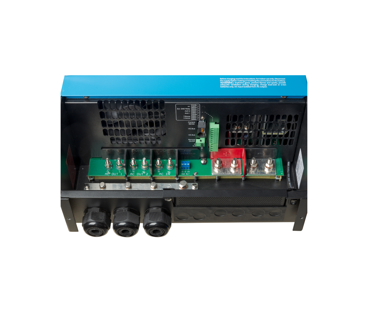 Electrical power inverter with blue top and visible circuitry on a white background