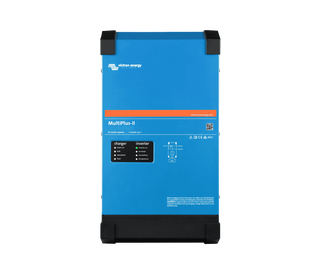 Victron MultiPlus-II inverter charger front view, showing the blue steel case and the charger and inverter status LED panel
