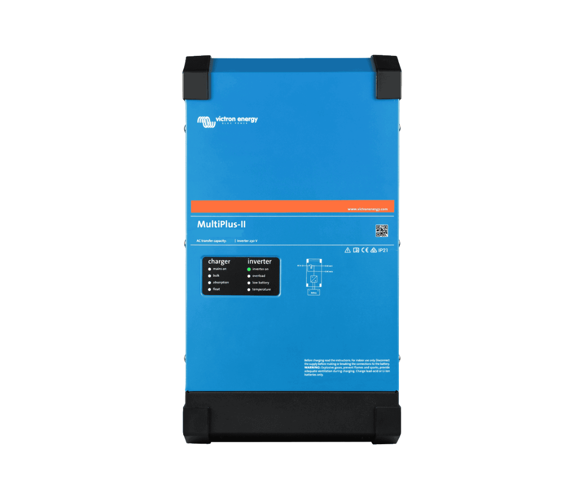 Victron MultiPlus-II inverter charger front view, showing the blue steel case and the charger and inverter status LED panel