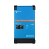 Victron MultiPlus-II inverter charger front view, showing the blue steel case and the charger and inverter status LED panel