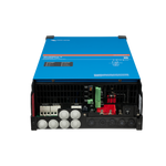 Victron MultiPlus-II with the connection cover removed, showing the terminal layout, cable glands and the main on off switch
