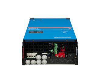 Victron MultiPlus-II with the connection cover removed, showing the terminal layout, cable glands and the main on off switch