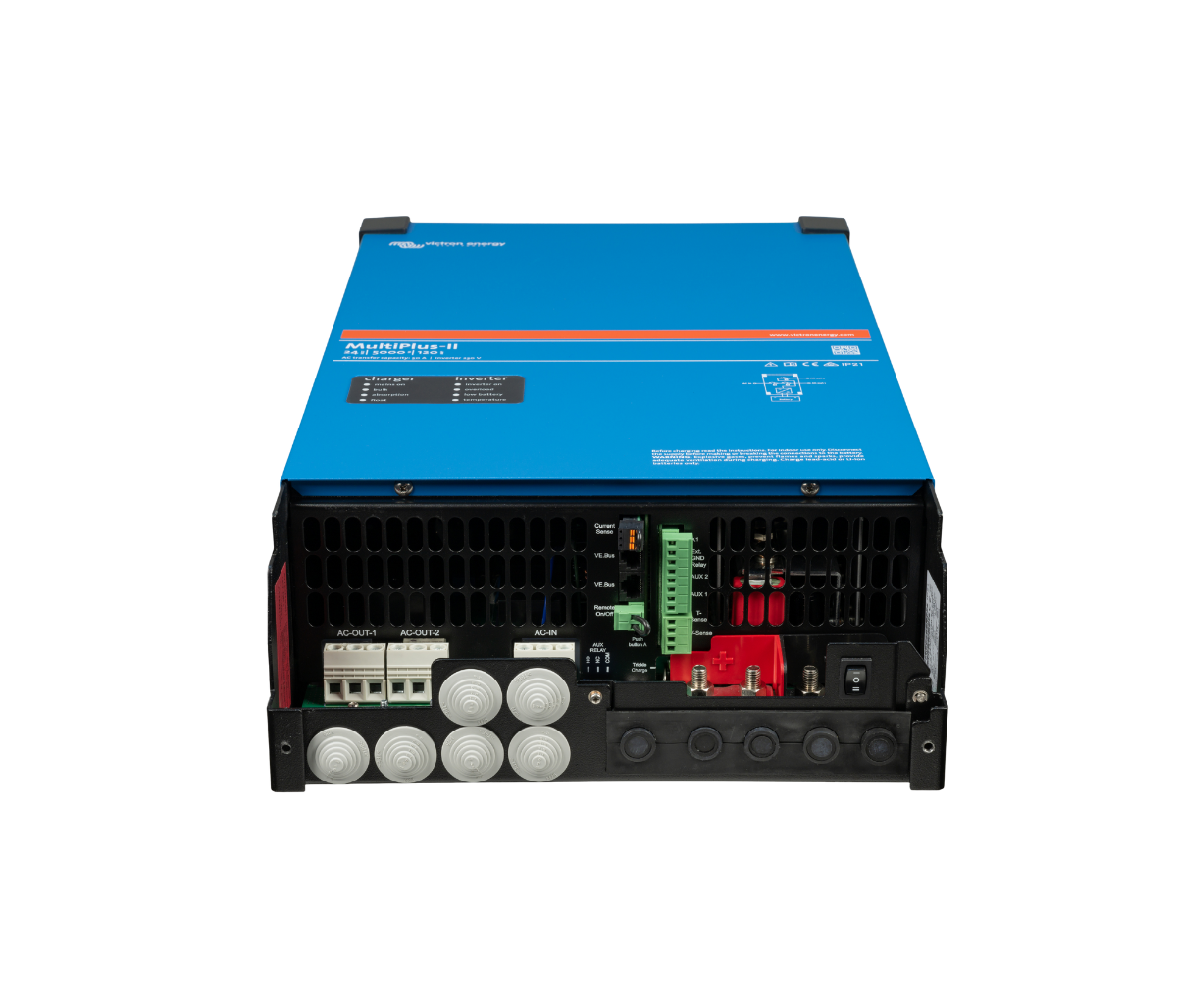 Victron MultiPlus-II with the connection cover removed, showing the terminal layout, cable glands and the main on off switch