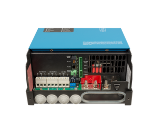 Connection area of the Victron MultiPlus-II with the cover removed, showing the AC-OUT-1, AC-OUT-2 and AC-IN terminals, VE.Bus ports, current sense, remote on off, auxiliary relay and the battery terminals