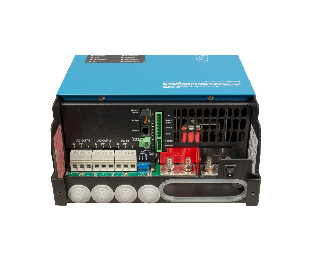 Connection area of the Victron MultiPlus-II with the cover removed, showing the AC-OUT-1, AC-OUT-2 and AC-IN terminals, VE.Bus ports, current sense, remote on off, auxiliary relay and the battery terminals