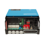 Connection area of the Victron MultiPlus-II with the cover removed, showing the AC-OUT-1, AC-OUT-2 and AC-IN terminals, VE.Bus ports, current sense, remote on off, auxiliary relay and the battery terminals