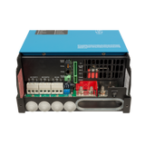 Connection area of the Victron MultiPlus-II with the cover removed, showing the AC-OUT-1, AC-OUT-2 and AC-IN terminals, VE.Bus ports, current sense, remote on off, auxiliary relay and the battery terminals