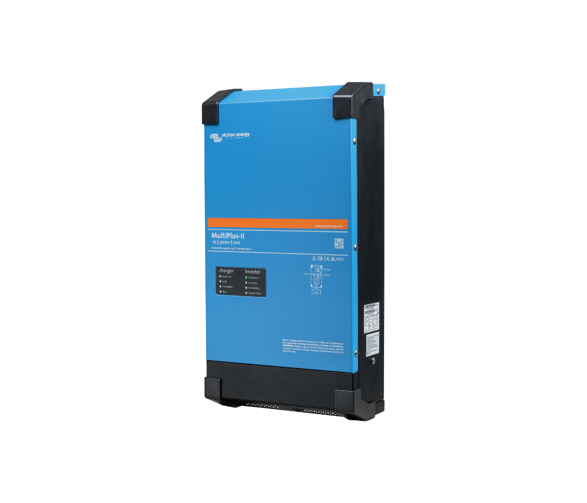 Victron MultiPlus-II 12/3000/120 at an angle, showing the front panel model markings and the ventilated side of the case
