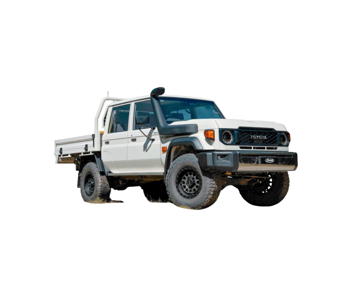 A white Toyota LandCruiser 79 Series dual cab with a steel tray, fitted with a Safari snorkel running up the passenger side of the windscreen to a raised air ram above the roofline