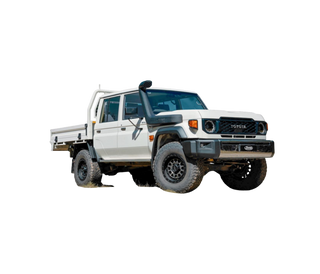 A white Toyota LandCruiser 79 Series dual cab with a steel tray, fitted with a Safari snorkel running up the passenger side of the windscreen to a raised air ram above the roofline