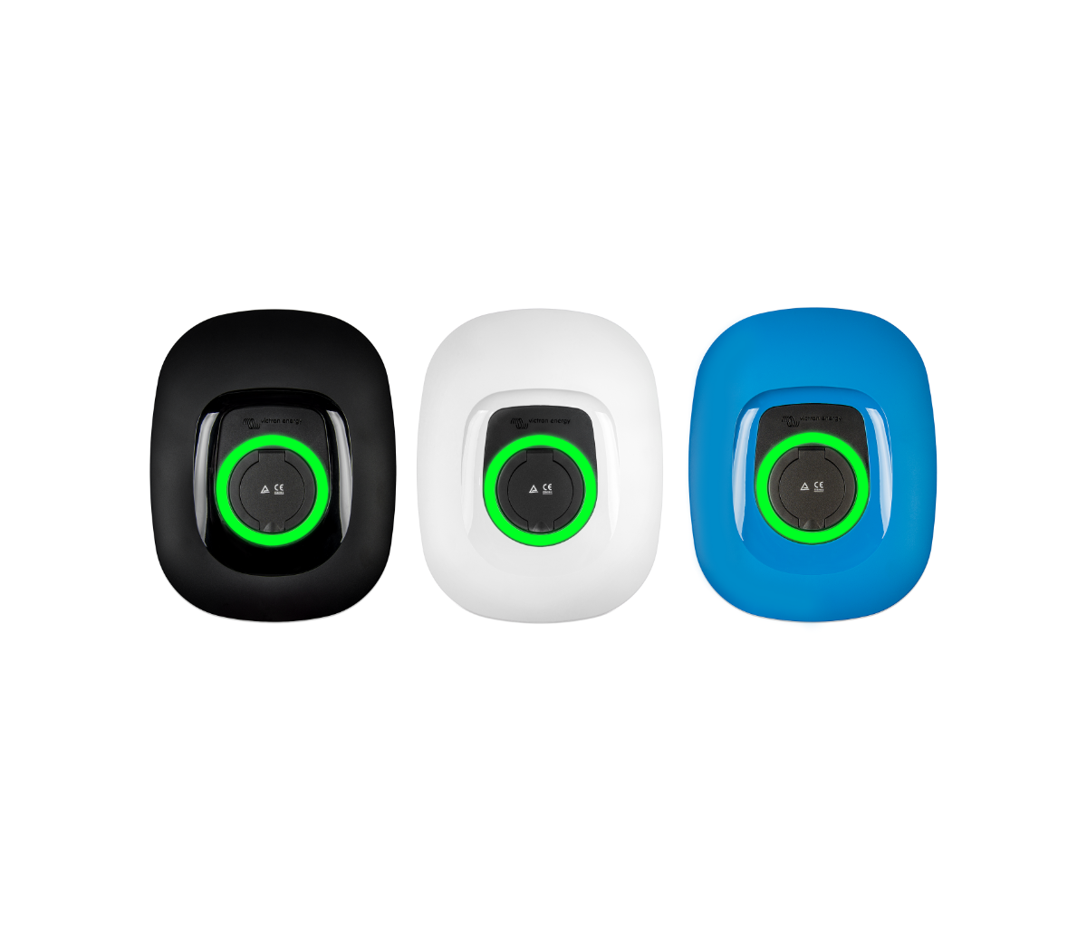 Three small electronic devices in black, white, and blue with green display on a white background