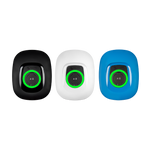 Three small electronic devices in black, white, and blue with green display on a white background
