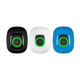 Three small electronic devices in black, white, and blue with green display on a white background