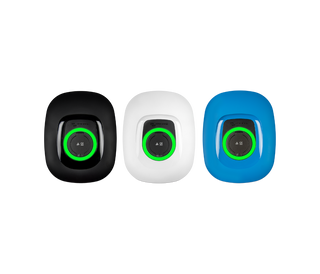 Three small electronic devices in black, white, and blue with green display on a white background