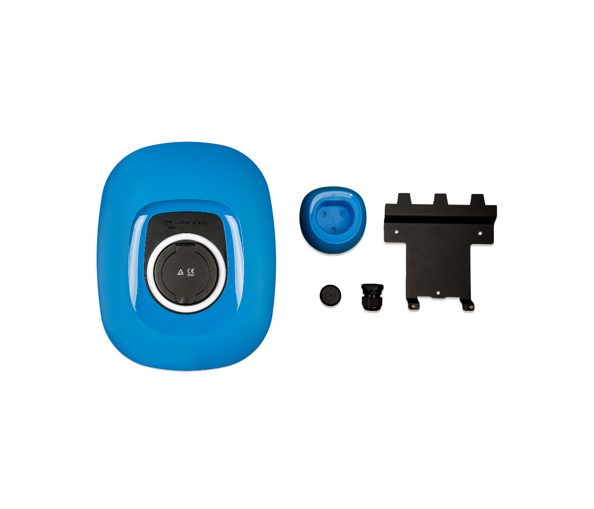 Blue electronic device with black components on a white background